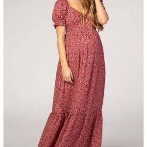 Pink Floral Puff Sleeve Maternity Maxi Dress